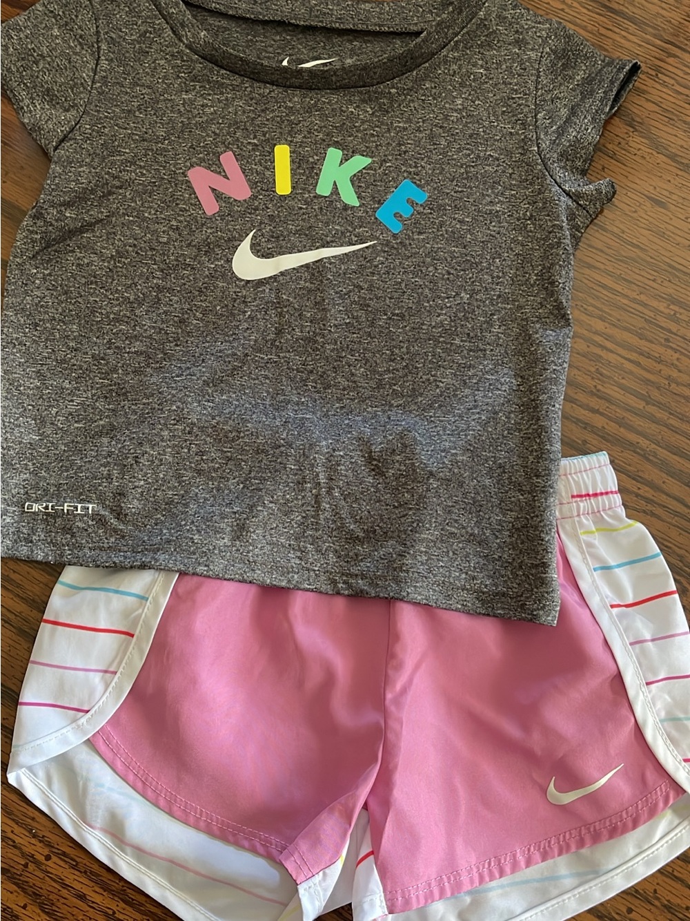 Nike Heather Gray Tee with Multicolor Logo & Pink Athletic Shorts